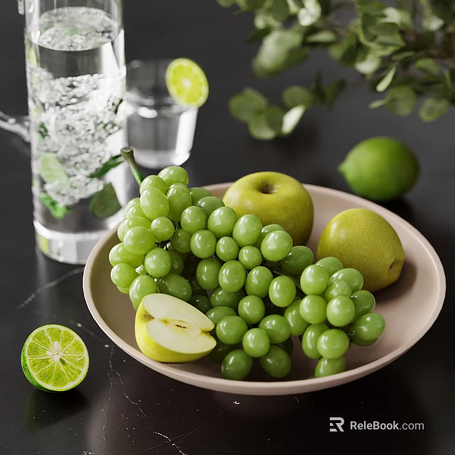 Fresh Green Fruits Platter With Grapes Apples Pears And Lime Slices 3d model 