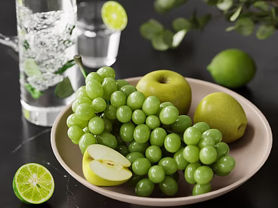 Fresh Green Fruits Platter With Grapes Apples Pears And Lime Slices 3d model