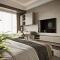 Modern Bedroom Interior Design With Large Bed Patterned Rug Window Curtains Dressing Table And TV