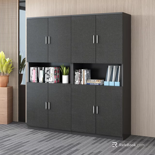 Modern Black Bookcase with Silver Handles Cabinets Open Shelves Holding Books Potted Plant and Files 3d model 