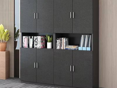 Modern Black Bookcase with Silver Handles Cabinets Open Shelves Holding Books Potted Plant and Files 3d model