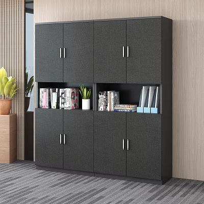 Modern Black Bookcase with Silver Handles Cabinets Open Shelves Holding Books Potted Plant and Files 3d model