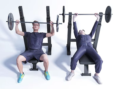 Two People Performing Barbell Bench Press Exercise On Gym Benches 3d model