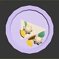 Delicious Layered Cream Cake With Orange Slices And Green Leaves On Purple Plate
