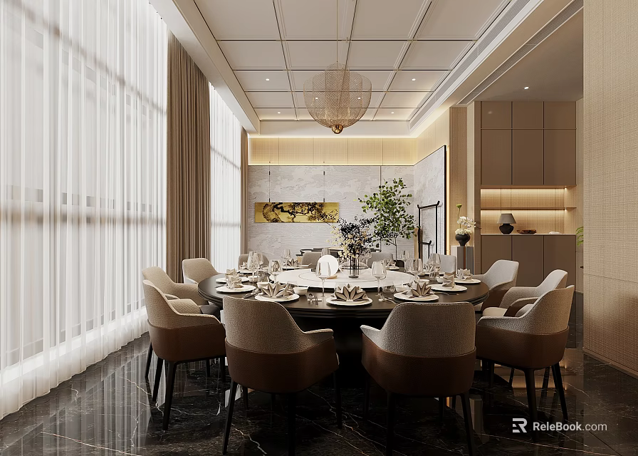 Elegant Private Dining Room Interior With Round Table Chairs Tableware Chandelier And Green Plant 3d model 