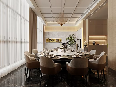 Elegant Private Dining Room Interior With Round Table Chairs Tableware Chandelier And Green Plant 3d model