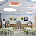 Kindergarten Classroom With Colorful Ceiling Lights Blue Wave Wall Animal Paintings Green Chairs White Tables