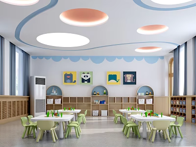 Kindergarten Classroom With Colorful Ceiling Lights Blue Wave Wall Animal Paintings Green Chairs White Tables 3d model