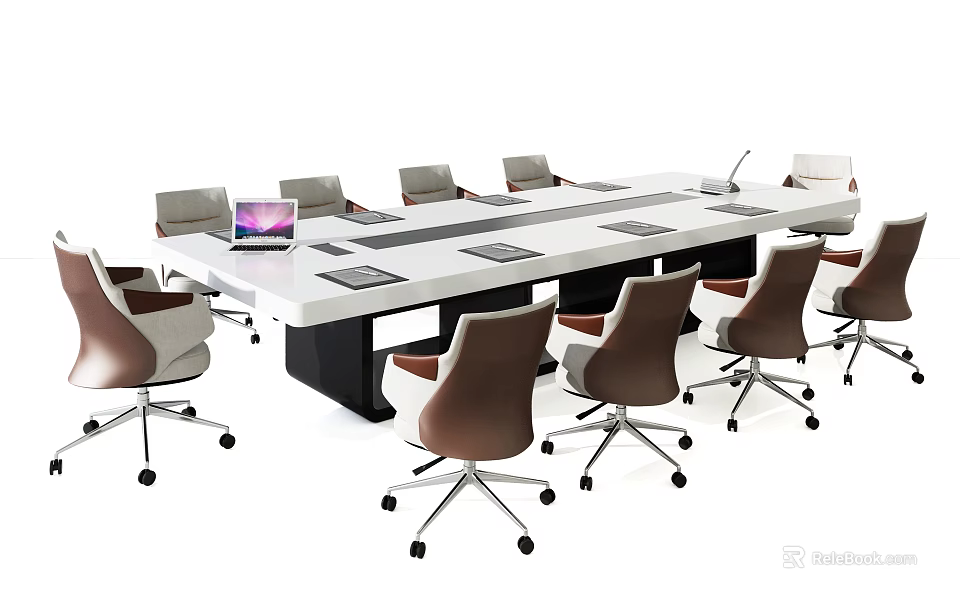 Modern Conference Table with White Tabletop Black Legs Featuring Laptop and Ergonomic Brown White Chairs 3d model 