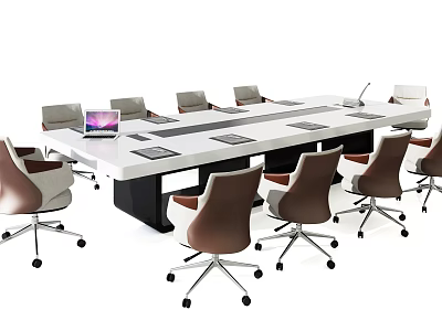 Modern Conference Table with White Tabletop Black Legs Featuring Laptop and Ergonomic Brown White Chairs 3d model