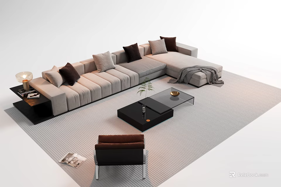 Light Gray L-shaped Sofa With Dark Cushions And Black Glass Coffee Table On Modern Rug 3d model 