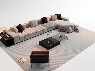Light Gray L-shaped Sofa With Dark Cushions And Black Glass Coffee Table On Modern Rug 3d model