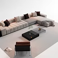 Light Gray L-shaped Sofa With Dark Cushions And Black Glass Coffee Table On Modern Rug