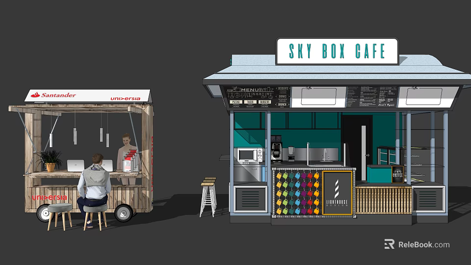 Sky Box Cafe Kiosk Exterior With Coffee Machine And Colorful Cups Counter 3d model 
