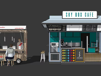 Sky Box Cafe Kiosk Exterior With Coffee Machine And Colorful Cups Counter 3d model