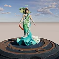 Game Movie Character in Green Blue Outfit Standing on Circular Platform with Blue Sky