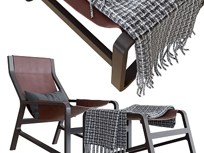 Brown Leather Lounge Chair With Wooden Frame And Gray Woven Blanket 3d model