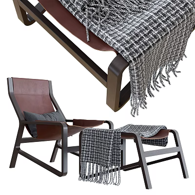 Brown Leather Lounge Chair With Wooden Frame And Gray Woven Blanket 3d model