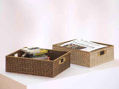 Two Open Wicker Storage Baskets Holding Magazines and Books on White Countertop 3d model