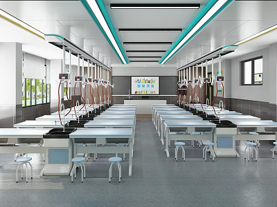 Modern Science Laboratory Interior With Rows Of Desks And Equipment 3d model