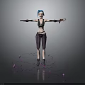 Cool 3D Character With Blue Hair Arms Outstretched Purple Liquid And Crystals