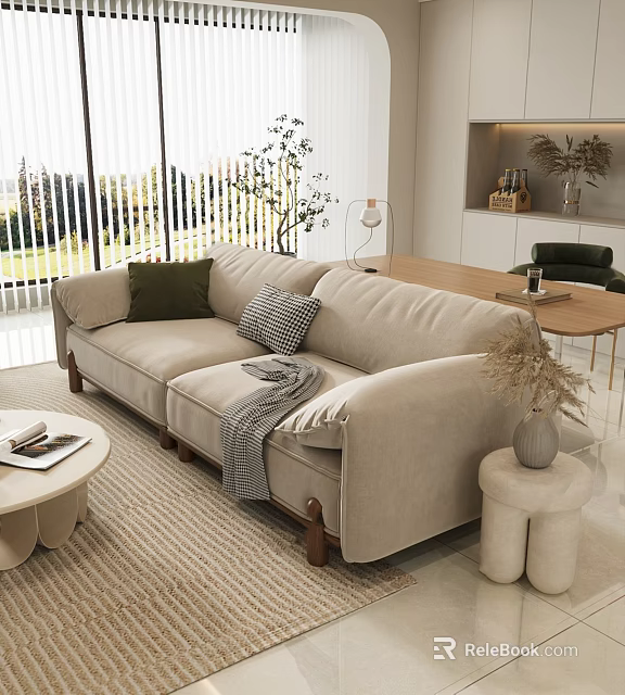 Beige Multi Seater Sofa With Green Checkered Cushions And Throw Blanket In Modern Living Room 3d model 