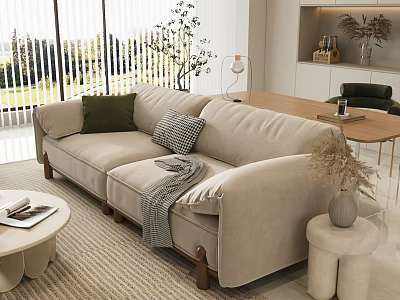 Beige Multi Seater Sofa With Green Checkered Cushions And Throw Blanket In Modern Living Room 3d model