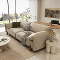 Beige Multi Seater Sofa With Green Checkered Cushions And Throw Blanket In Modern Living Room