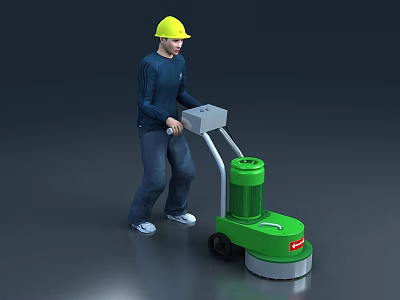 Green Hand Pushed Industrial Floor Grinder Equipment Operated by Worker in Yellow Helmet 3d model