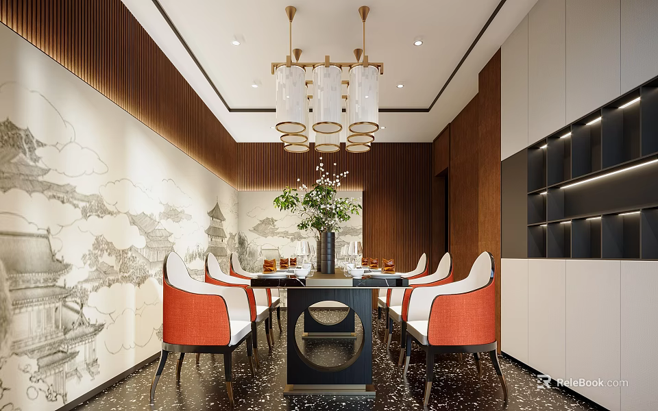 Private Dining Room Interior With Red Chairs Black Table Chandelier And Ink Painting Wall 3d model 
