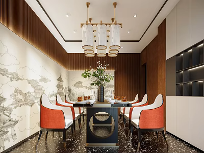 Private Dining Room Interior With Red Chairs Black Table Chandelier And Ink Painting Wall 3d model