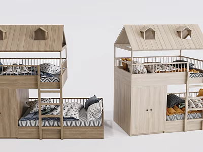 Wooden Bunk Bed Design With House Shaped Roof Ladder Mattress Pillows And Storage 3d model