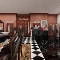 Stylish Clothing Store with Pink Walls Black White Checkered Floor Green Reception and Clothing Racks