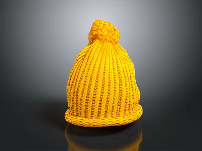 Yellow Knit Beanie With Pom Pom Top And Ribbed Texture On Dark Background 3d model