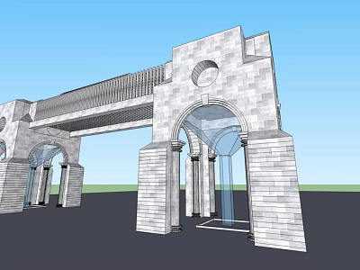 Grand Classical Stone Entrance Gate With Arched Architectural Design And Columns 3d model