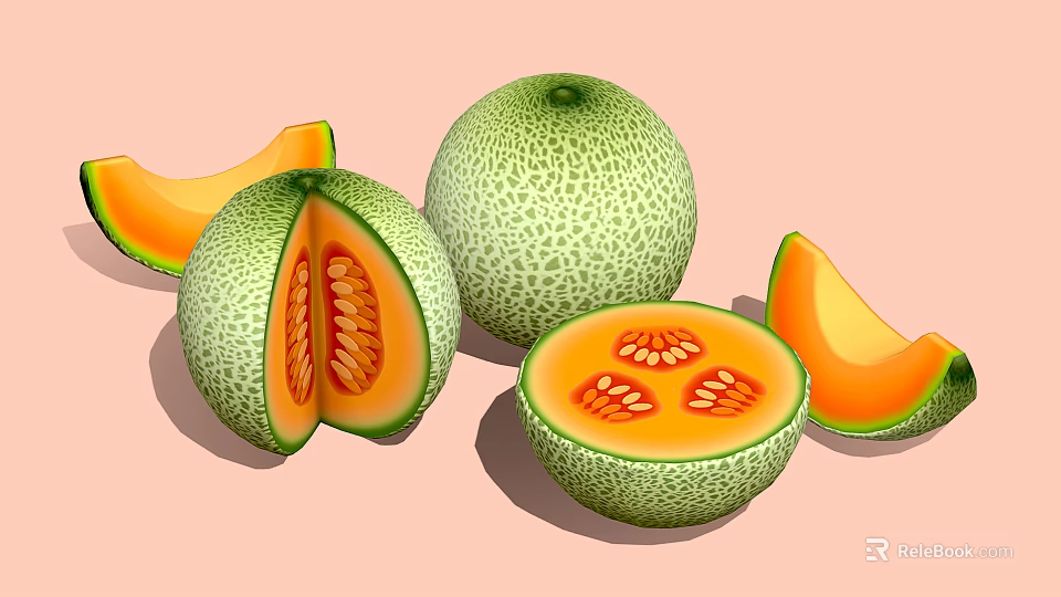 Fresh Cantaloupe Whole and Sliced with Orange Flesh and Seeds on Pink Background 3d model 