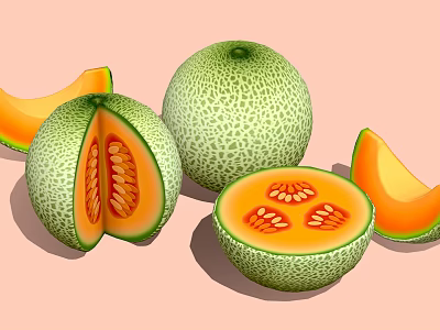Fresh Cantaloupe Whole and Sliced with Orange Flesh and Seeds on Pink Background 3d model