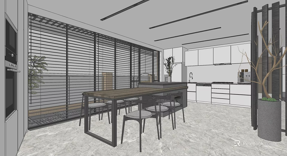 Modern Restaurant Interior With Long Dining Table Window Blinds And Kitchen Cabinets 3d model 