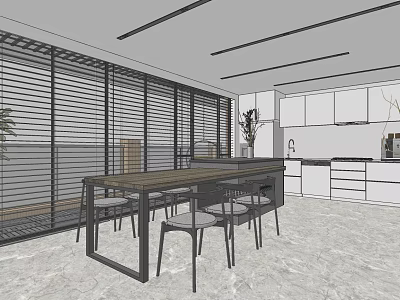 Modern Restaurant Interior With Long Dining Table Window Blinds And Kitchen Cabinets 3d model