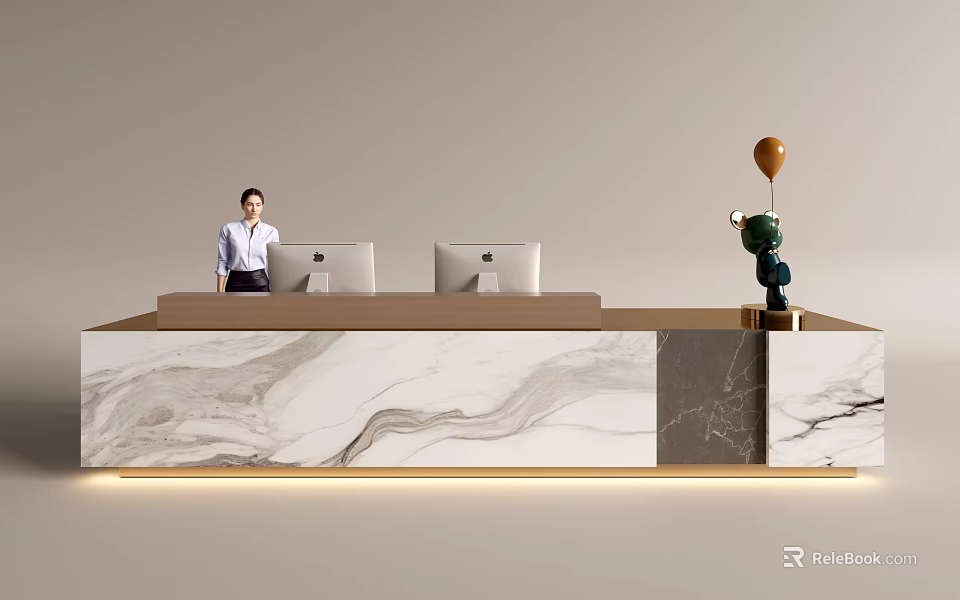 Modern Front Desk Reception Area With Marble Counter Computers And Decorative Sculpture 3d model 