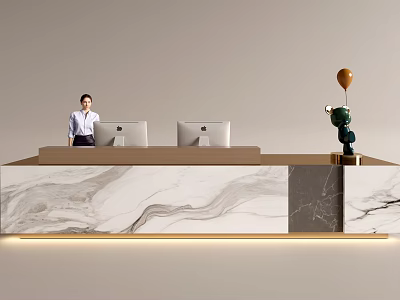 Modern Front Desk Reception Area With Marble Counter Computers And Decorative Sculpture 3d model