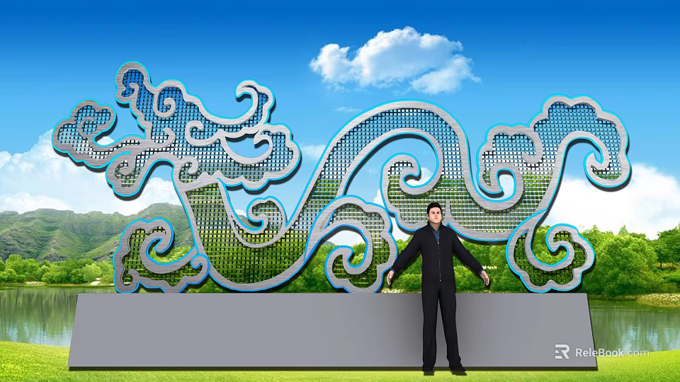 Wave Shaped Cloud Pattern Art Installation With Blue Sky White Clouds Green Mountains Grass Field 3d model 