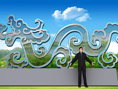 Wave Shaped Cloud Pattern Art Installation With Blue Sky White Clouds Green Mountains Grass Field 3d model