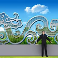 Wave Shaped Cloud Pattern Art Installation With Blue Sky White Clouds Green Mountains Grass Field