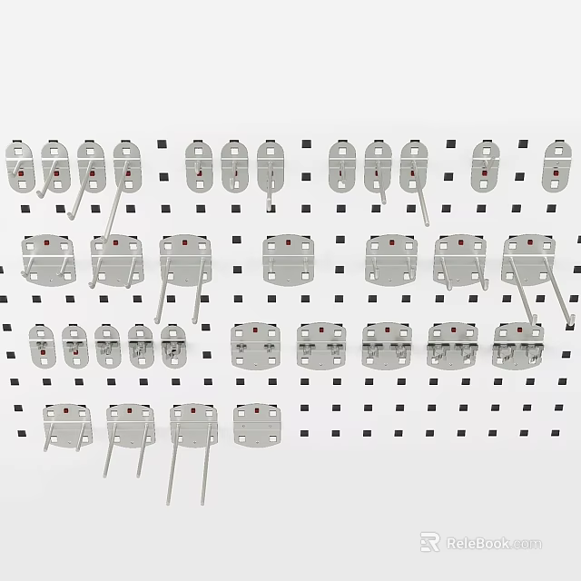 Various Shapes Silver Metal Ornament Decor Set With Hook Buckle Neatly Arranged On Black Grid 3d model 
