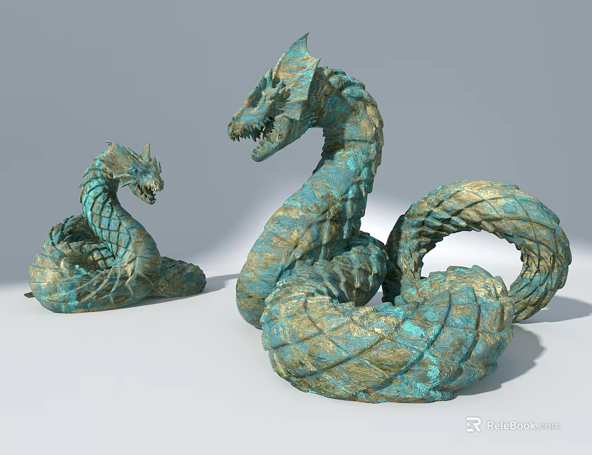 Two Greenish Bronze Snake Sculptures With Coiled Bodies And Intricate Heads 3d model 