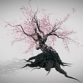 Ancient Tree With Thick Trunk And Twisted Roots Bearing Pink Flowers