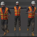 Construction Workers In White Hard Hats Orange Reflective Vests With Dirty Pants And Yellow Boots
