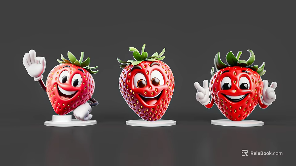 Cute Anthropomorphic Strawberry Characters As Game And Movie Roles With Smiling Faces Waving And Gesturing 3d model 