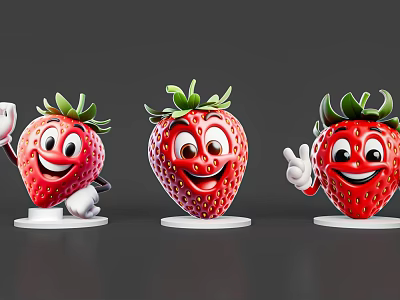 Cute Anthropomorphic Strawberry Characters As Game And Movie Roles With Smiling Faces Waving And Gesturing 3d model